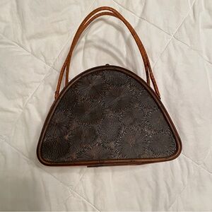 Vtg 1940s Artisan style purse designed all wood with embossed design From Japan